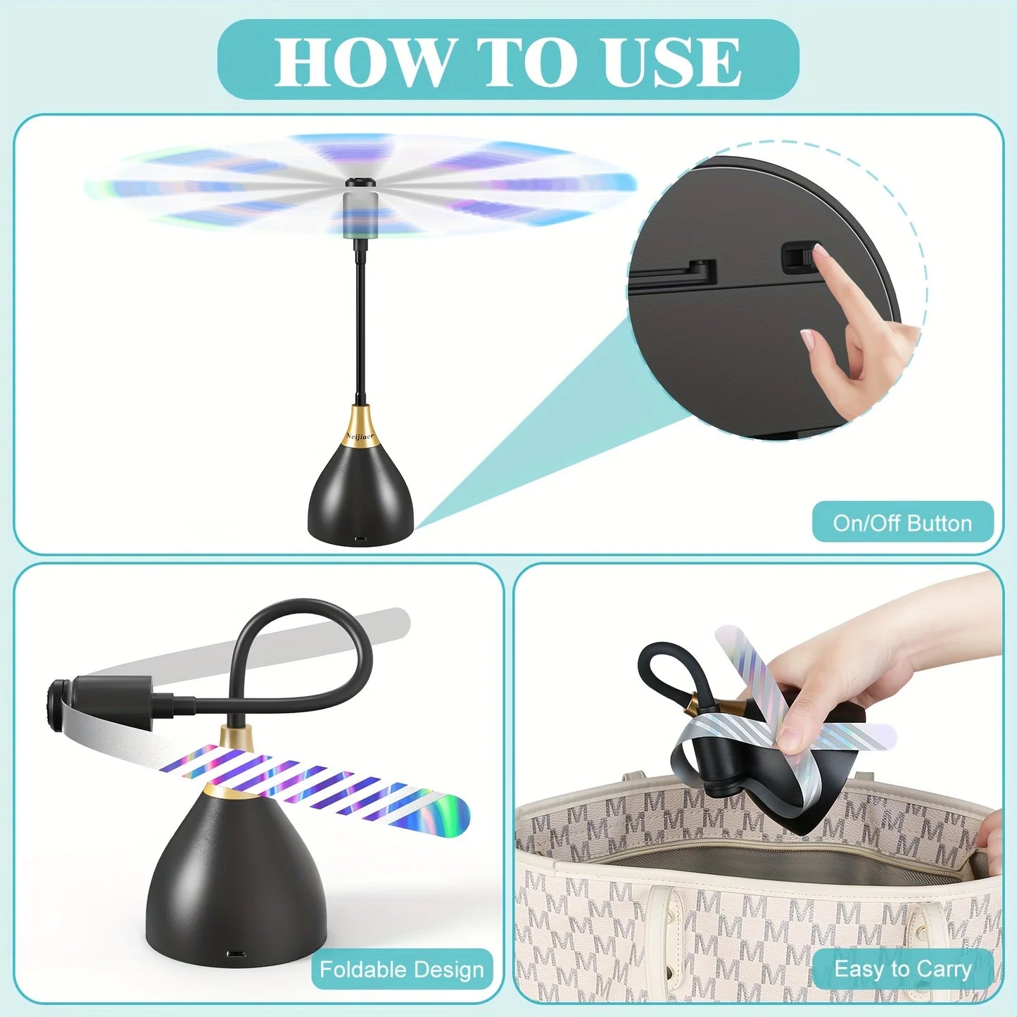 Praktischer Fliegen Ventilator mit weichen Rotorblättern für den Tisch, per USB oder Batterie betrieben, geräuschlos und tragbar! Hält dein Essen sauber.