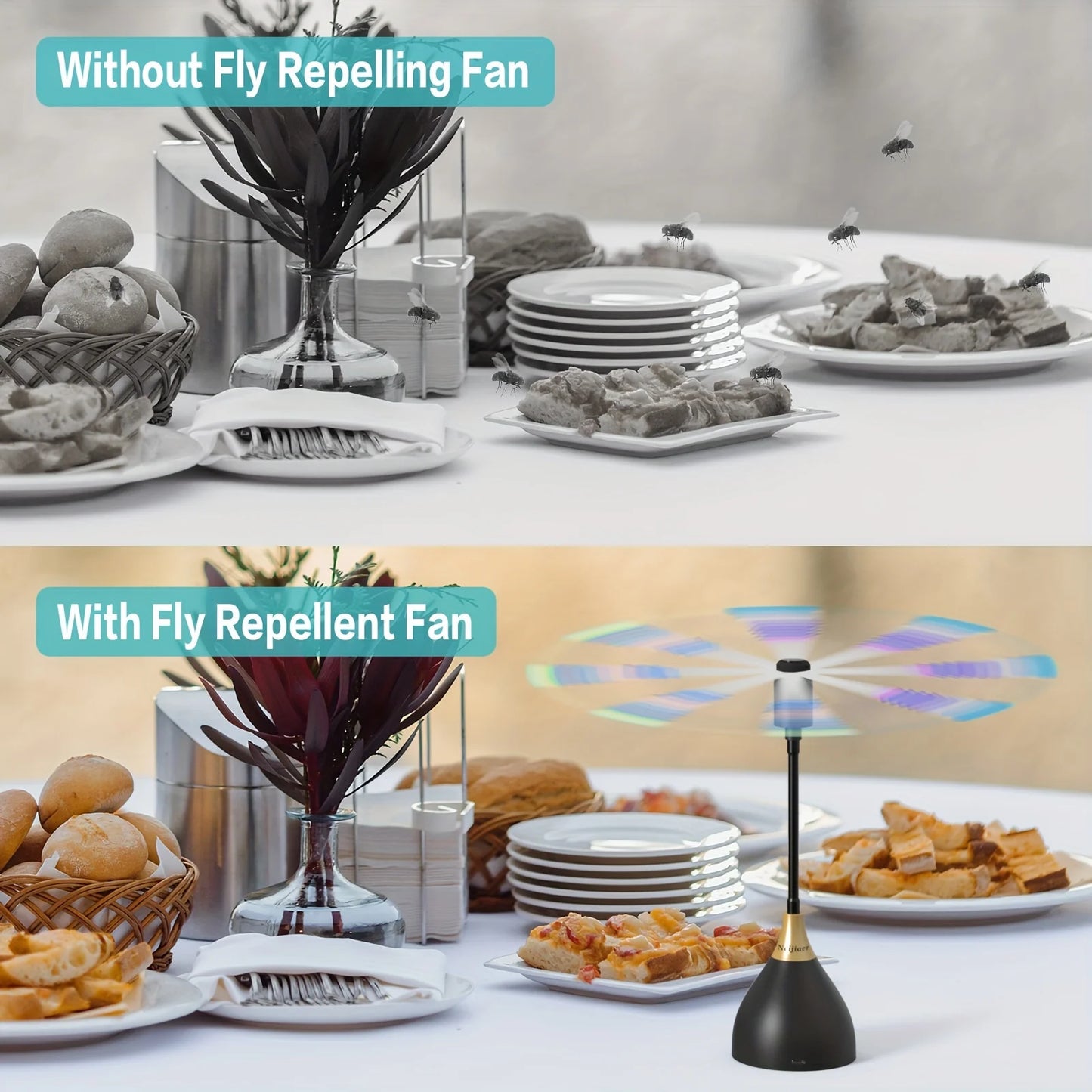 Praktischer Fliegen Ventilator mit weichen Rotorblättern für den Tisch, per USB oder Batterie betrieben, geräuschlos und tragbar! Hält dein Essen sauber.